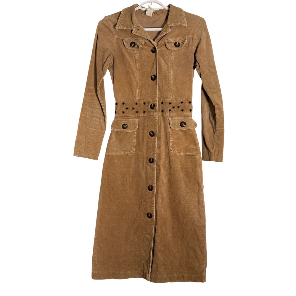 Vintage Shout Tan Corduroy Maxi Dress Studded Waist Button Front Long Sleeve S